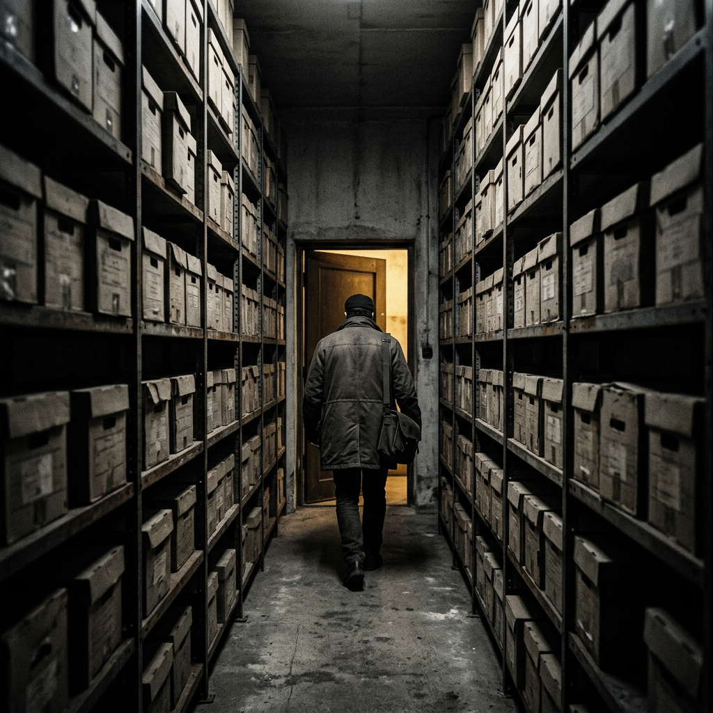 An investigator walking down a narrow archive corridor lined with case boxes toward a lit doorway