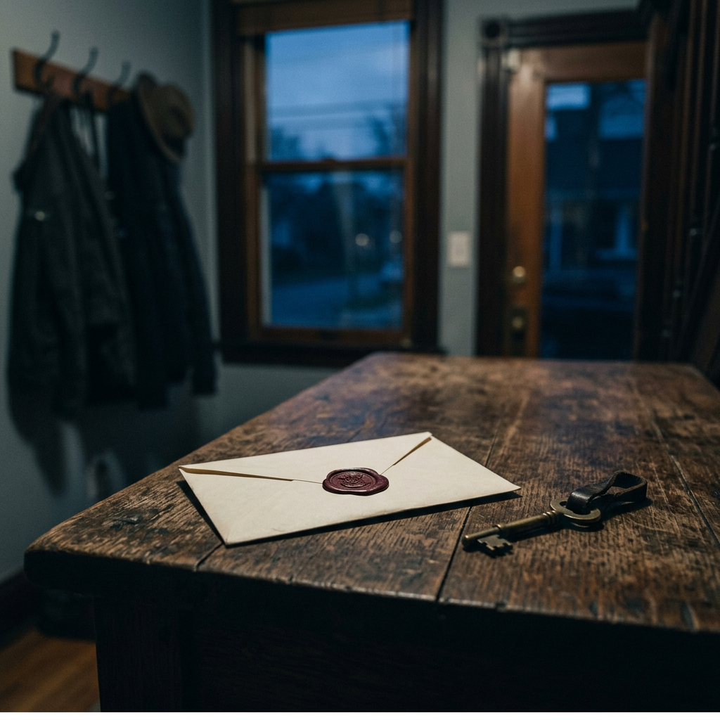 A sealed cream envelope with a wax seal on a wooden hallway table beside a key