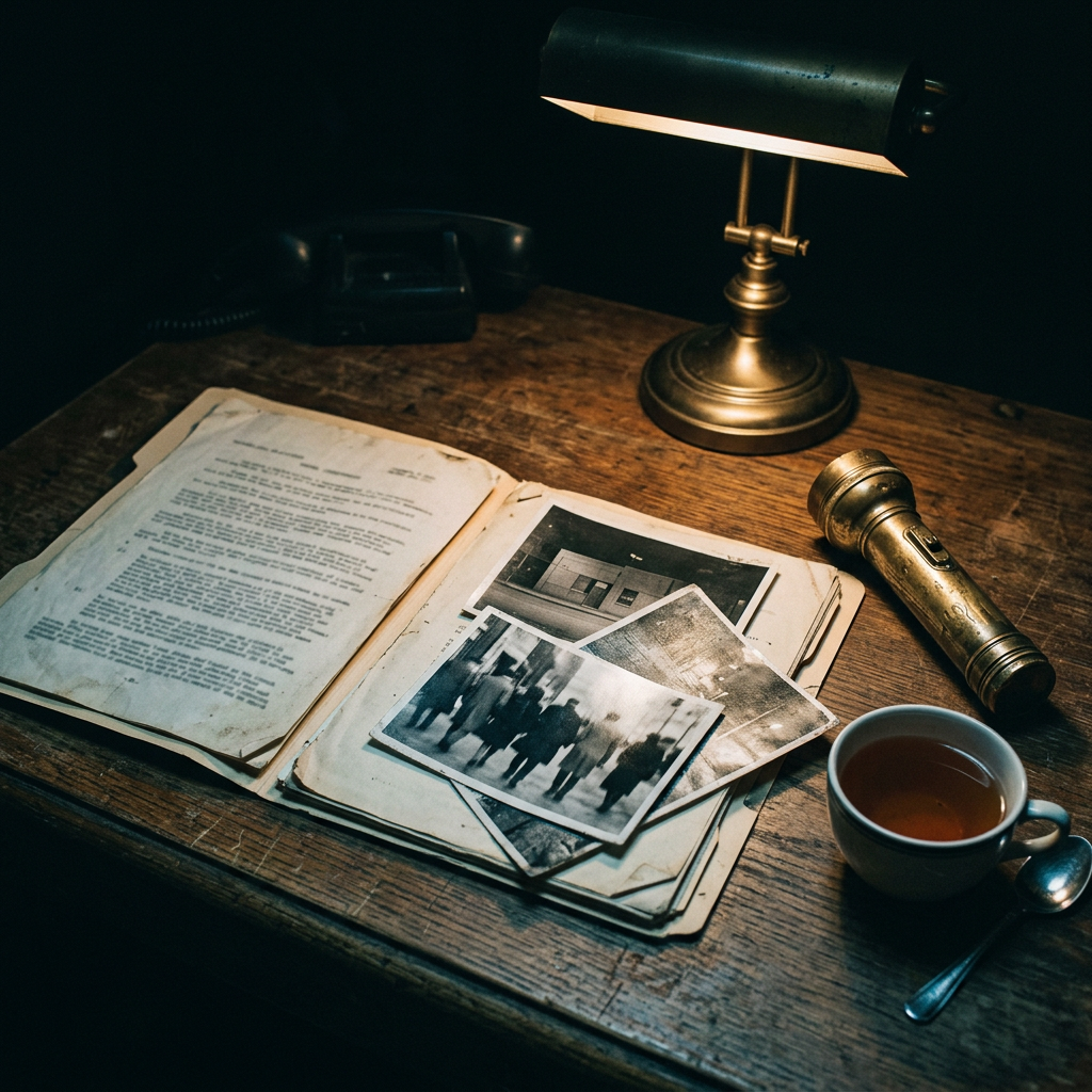 An open case folder with typed pages and photographs on a desk under a brass lamp